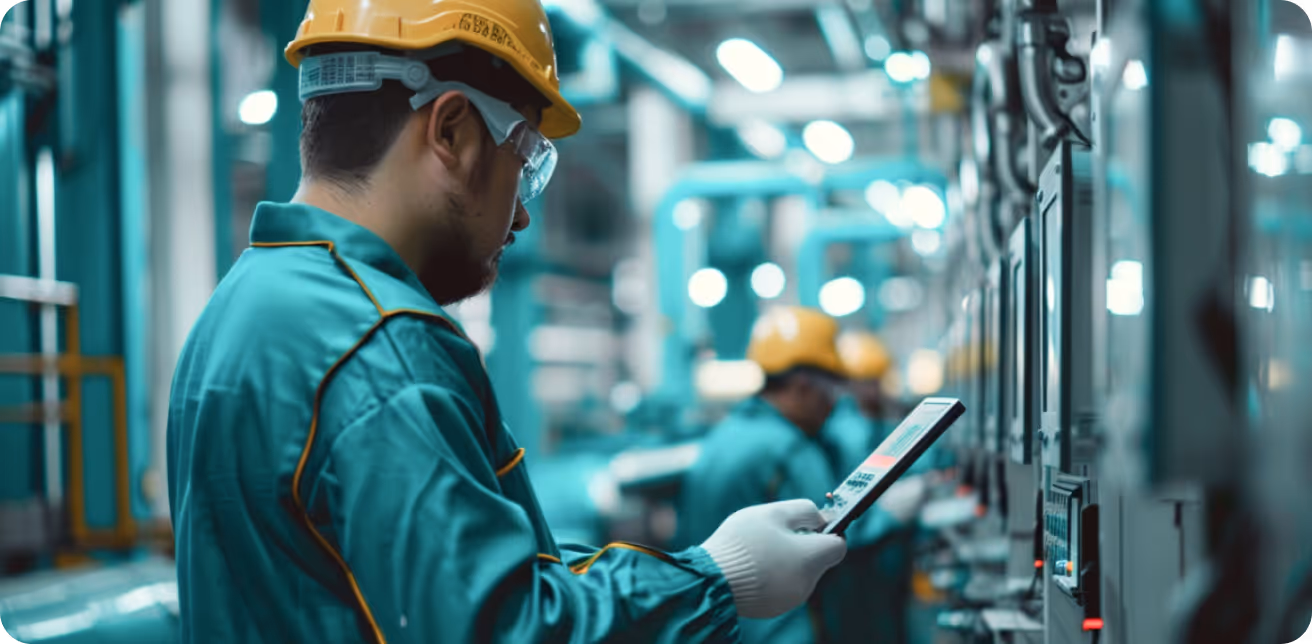 Worker in teal protective clothing and yellow hard hat using a tablet in an industrial control room.