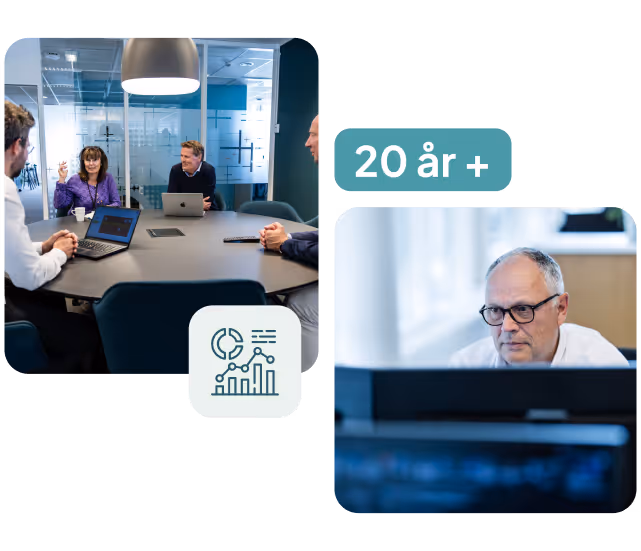 Four colleagues having a meeting around a conference table with laptops; a separate image shows a man focused on a computer screen with a '20 år +' label.