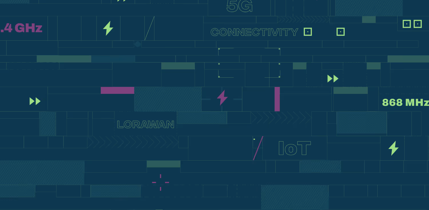 Abstract technical background with a digital grid and glitch effects, featuring connectivity-themed keywords and icons such as "IoT," "LoRaWAN," "868 MHz," and lightning bolts on a dark teal field.