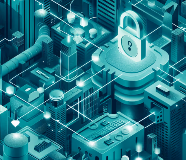 Digital illustration of a futuristic cityscape with interconnected buildings and a large glowing padlock symbolizing cybersecurity.