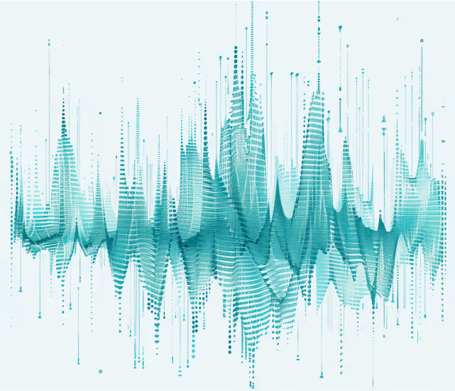 Abstract teal soundwave visualization with dots and lines forming peaks and valleys on a light background.