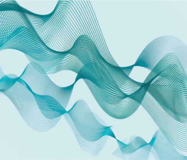 Abstract teal wave patterns composed of fine lines creating flowing, layered shapes on a light background.