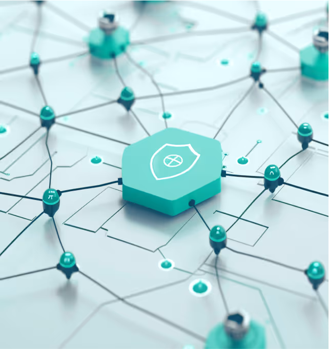 Abstract digital network with interconnected nodes and a central hexagon featuring a shield icon, symbolizing cybersecurity or data protection.