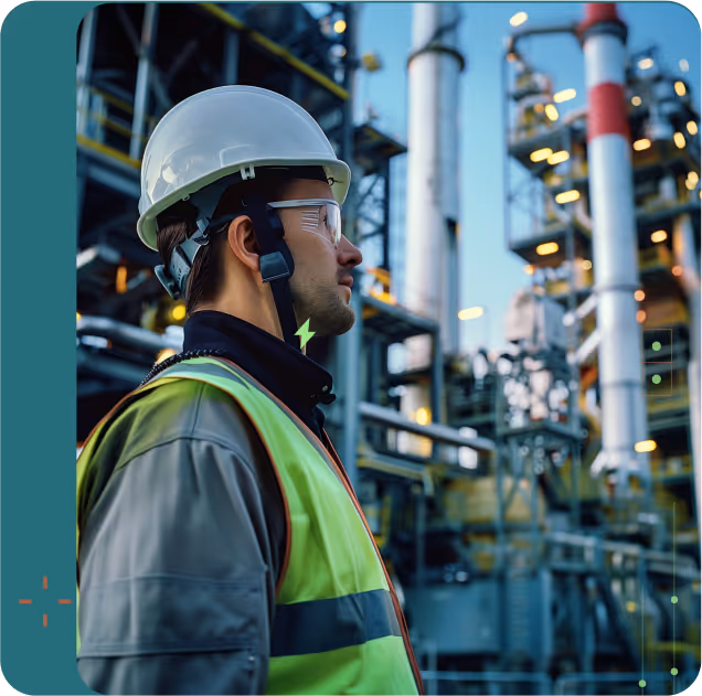 Engineer wearing safety helmet and vest observing industrial refinery plant with pipes and towers.
