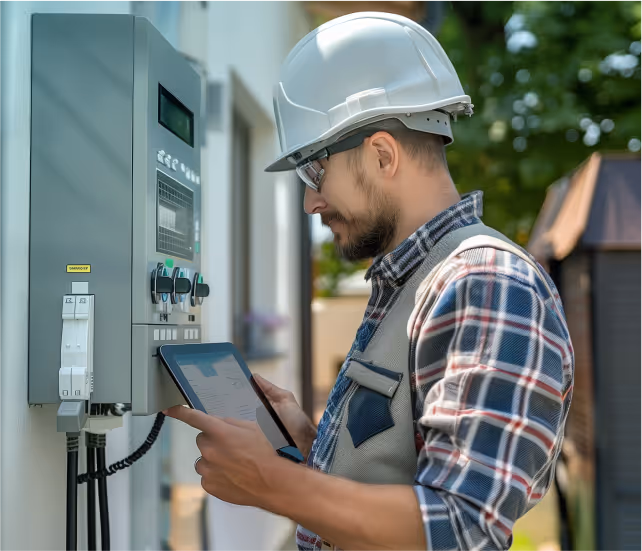 An electrician with a tablet is checking the condition of the equipment