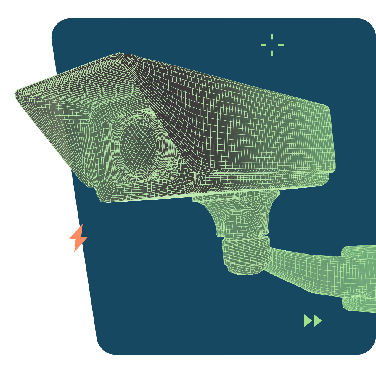 Green wireframe of a security camera on a dark blue rounded square background with small decorative icons.