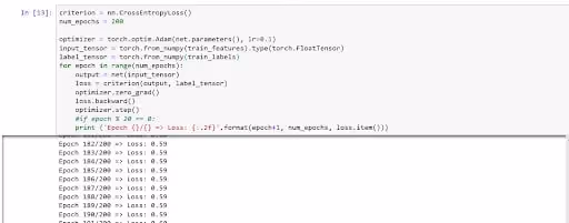 Training the model for 200 epochs with resulting output