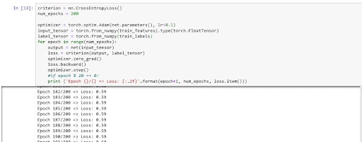 Training the model for 200 epochs with resulting output