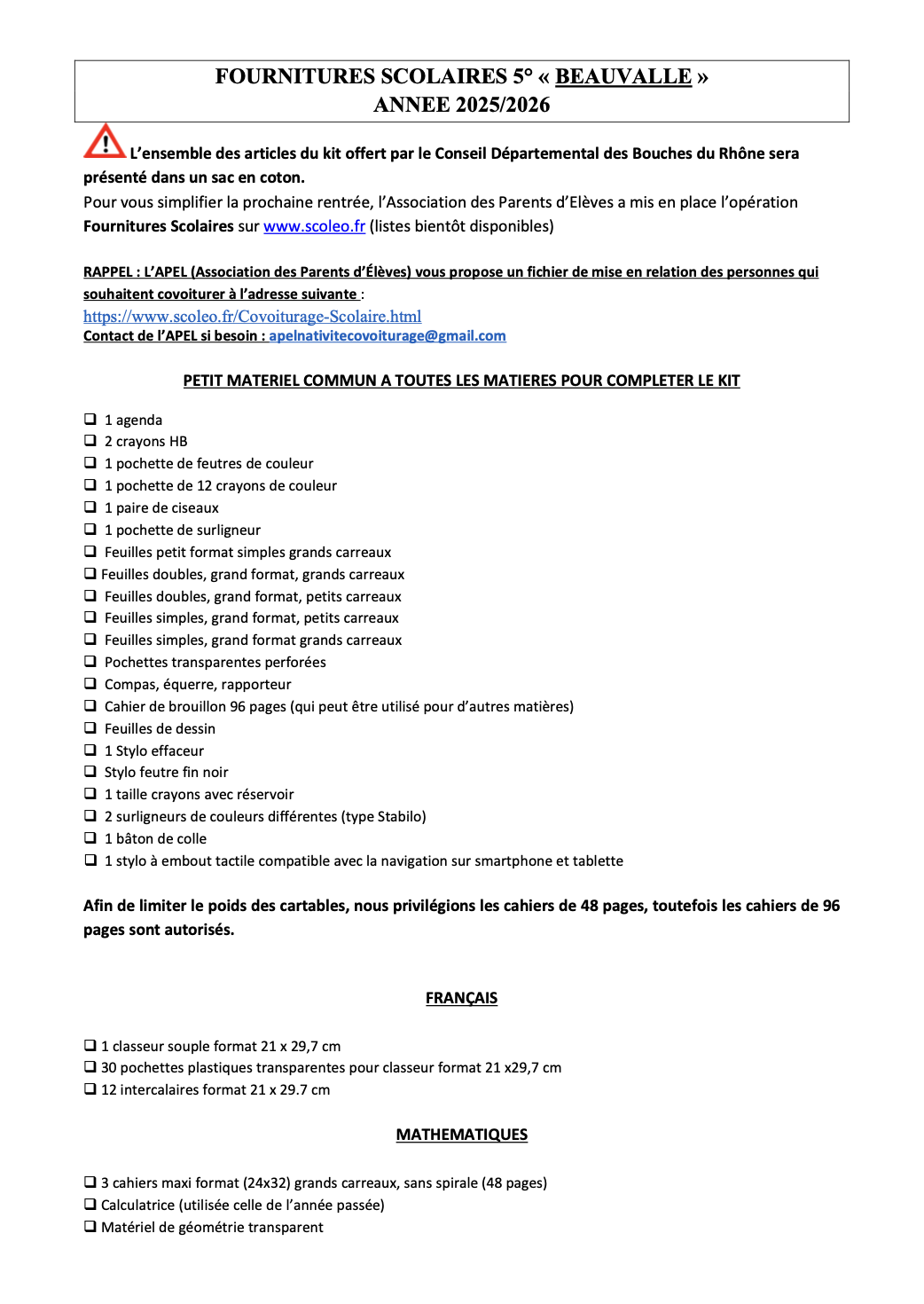 Liste fournitures 5ème La Beauvalle