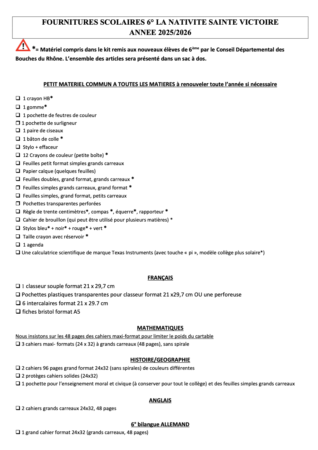 Liste fournitures 3ème La Duranne