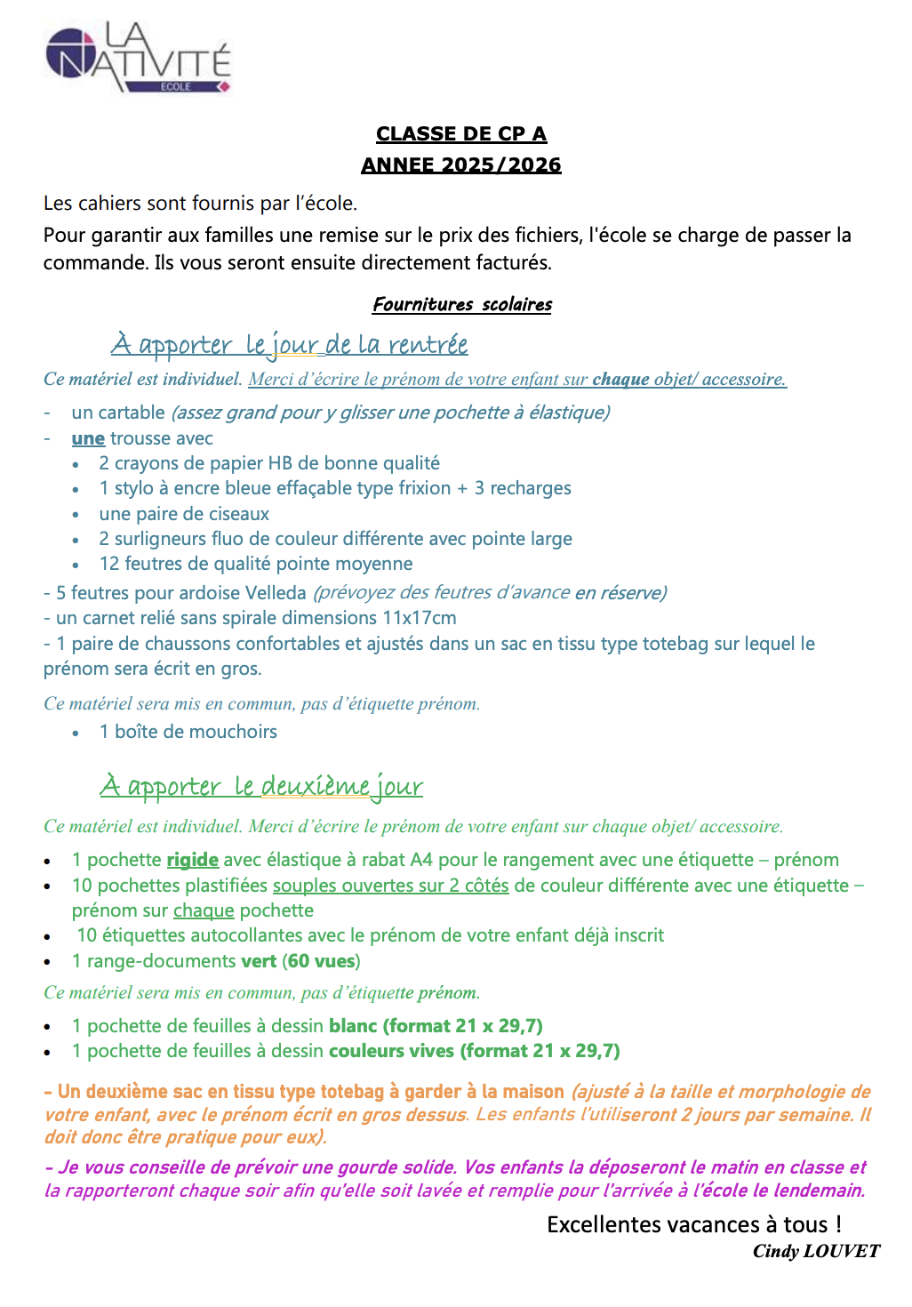 Fournitures scolaires CPA