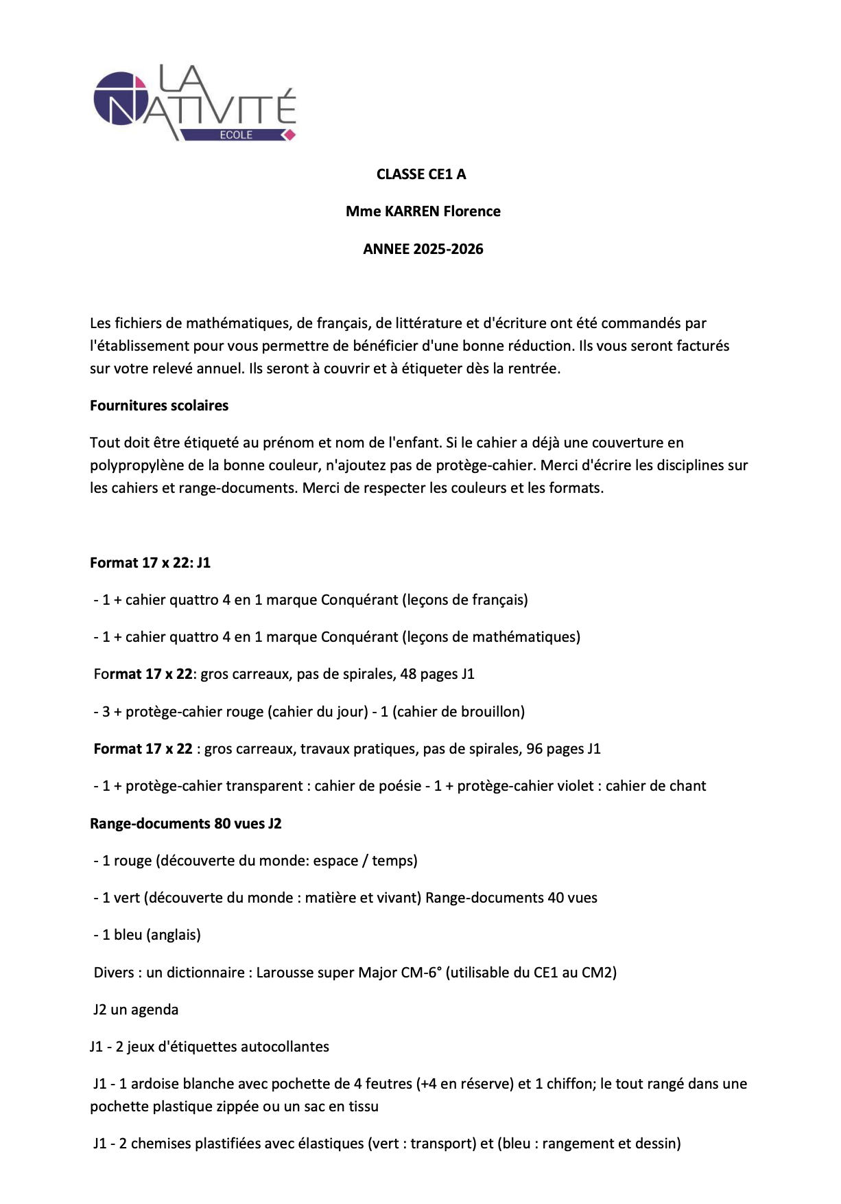 Fournitures scolaires CE1A