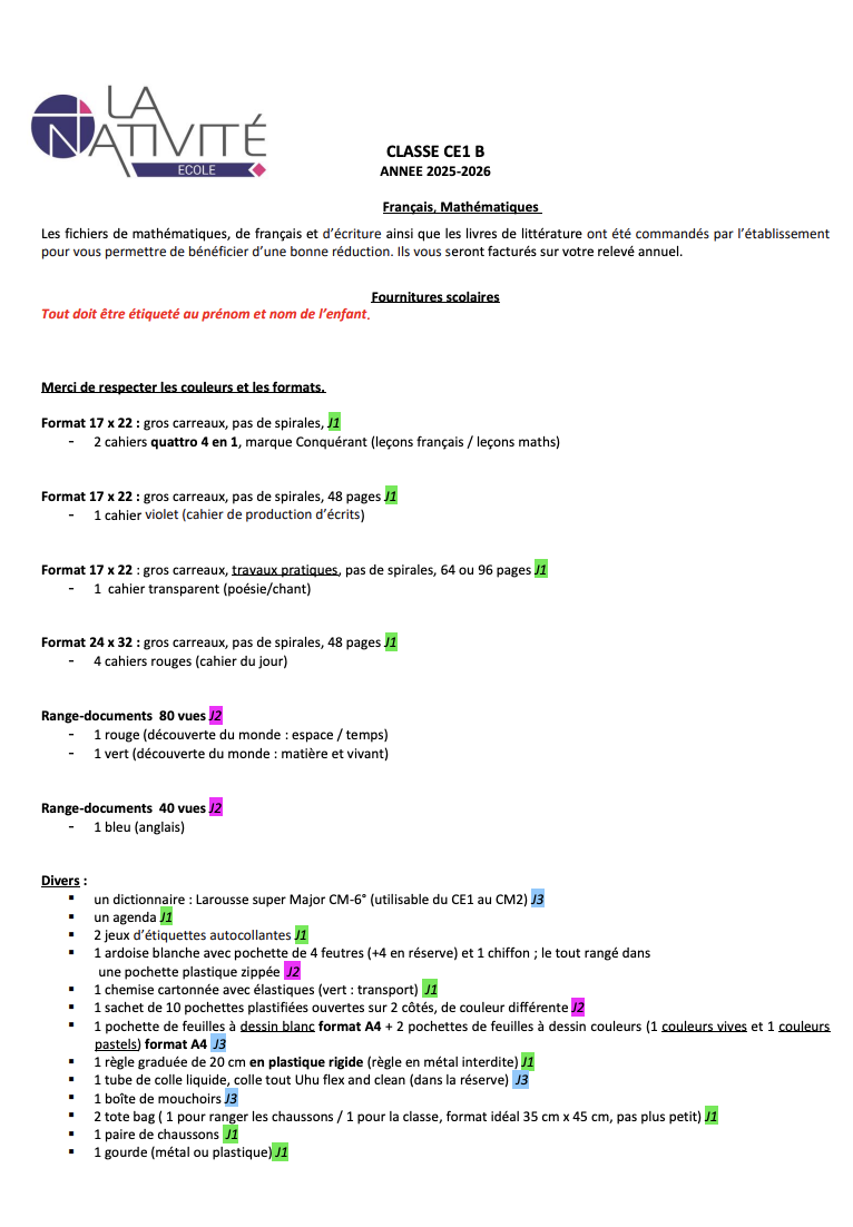 Fournitures scolaires CE1B