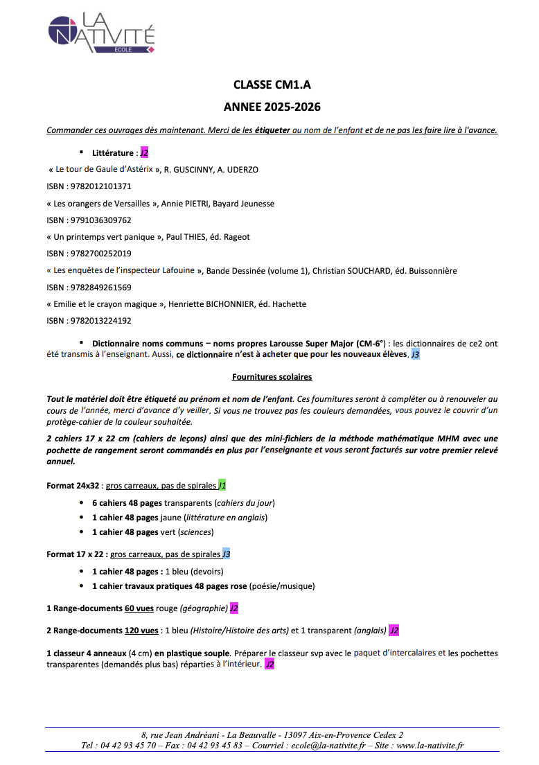Fournitures scolaires CM1A