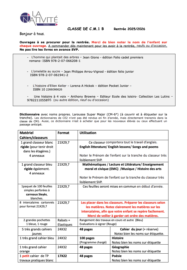 Fournitures scolaires CM1B
