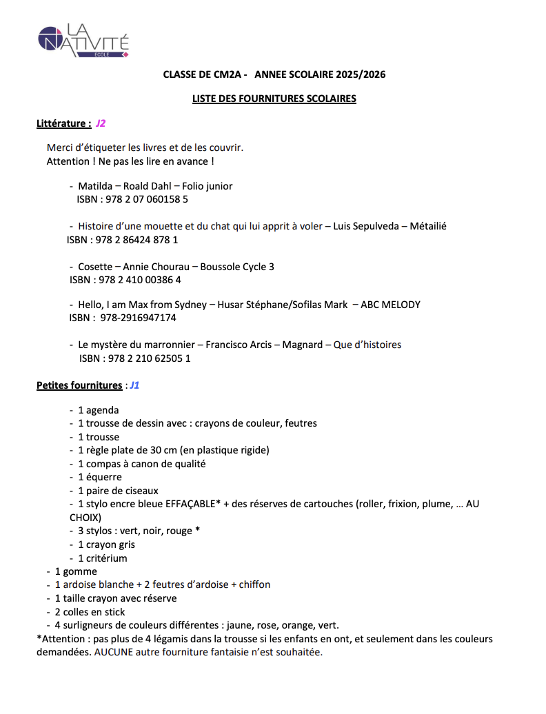 Fournitures scolaires CM2A