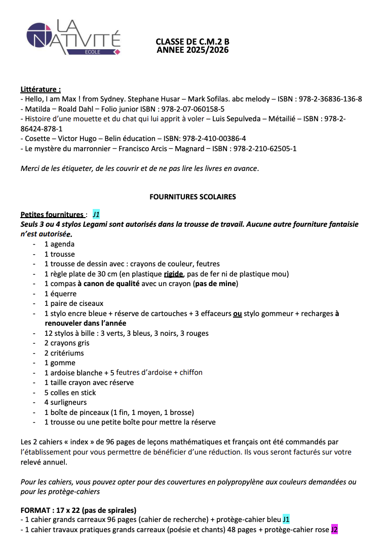Fournitures scolaires CM2B