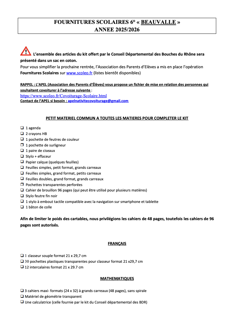 Liste fournitures  6ème La Beauvalle