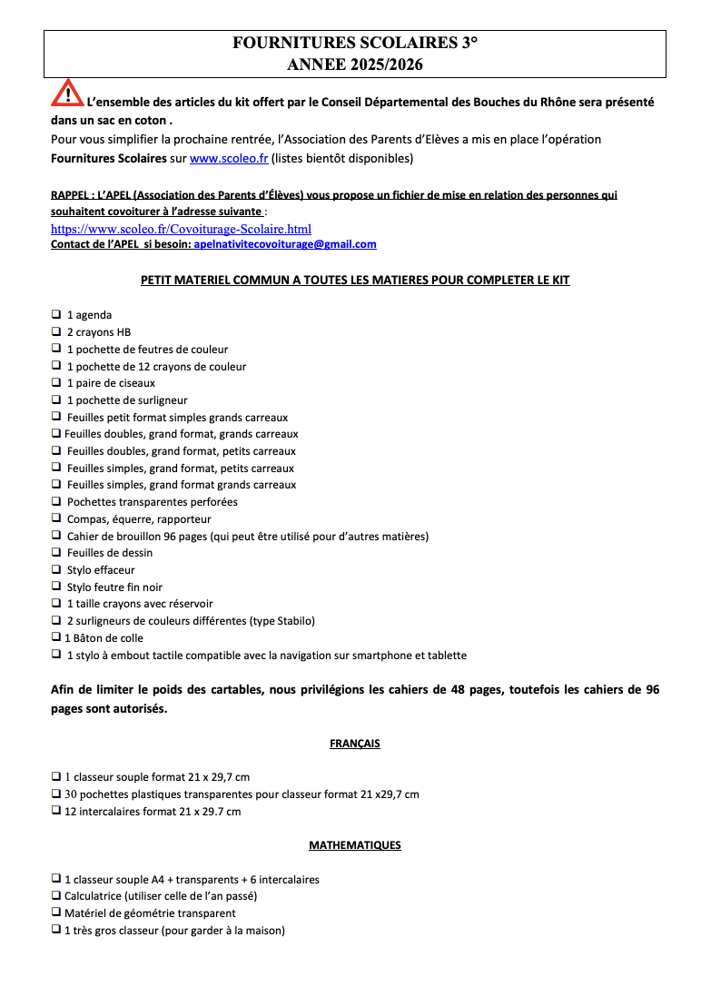 Liste fournitures 3ème La Beauvalle
