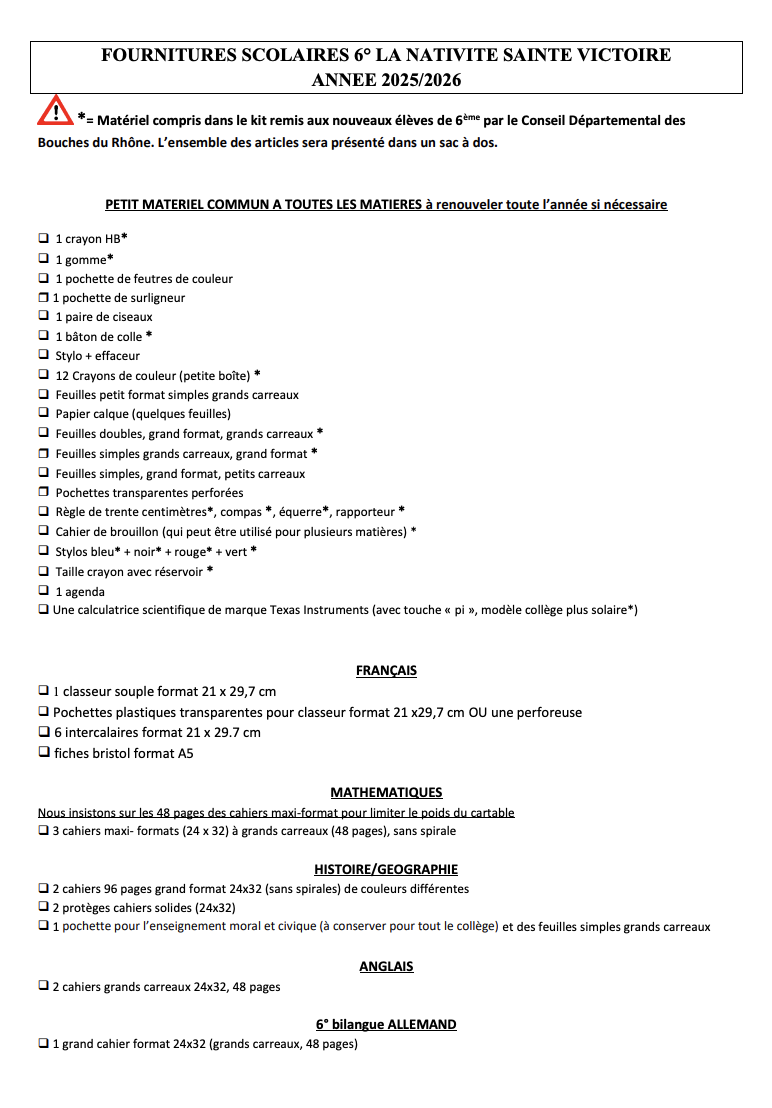 Liste fournitures 6ème La Duranne