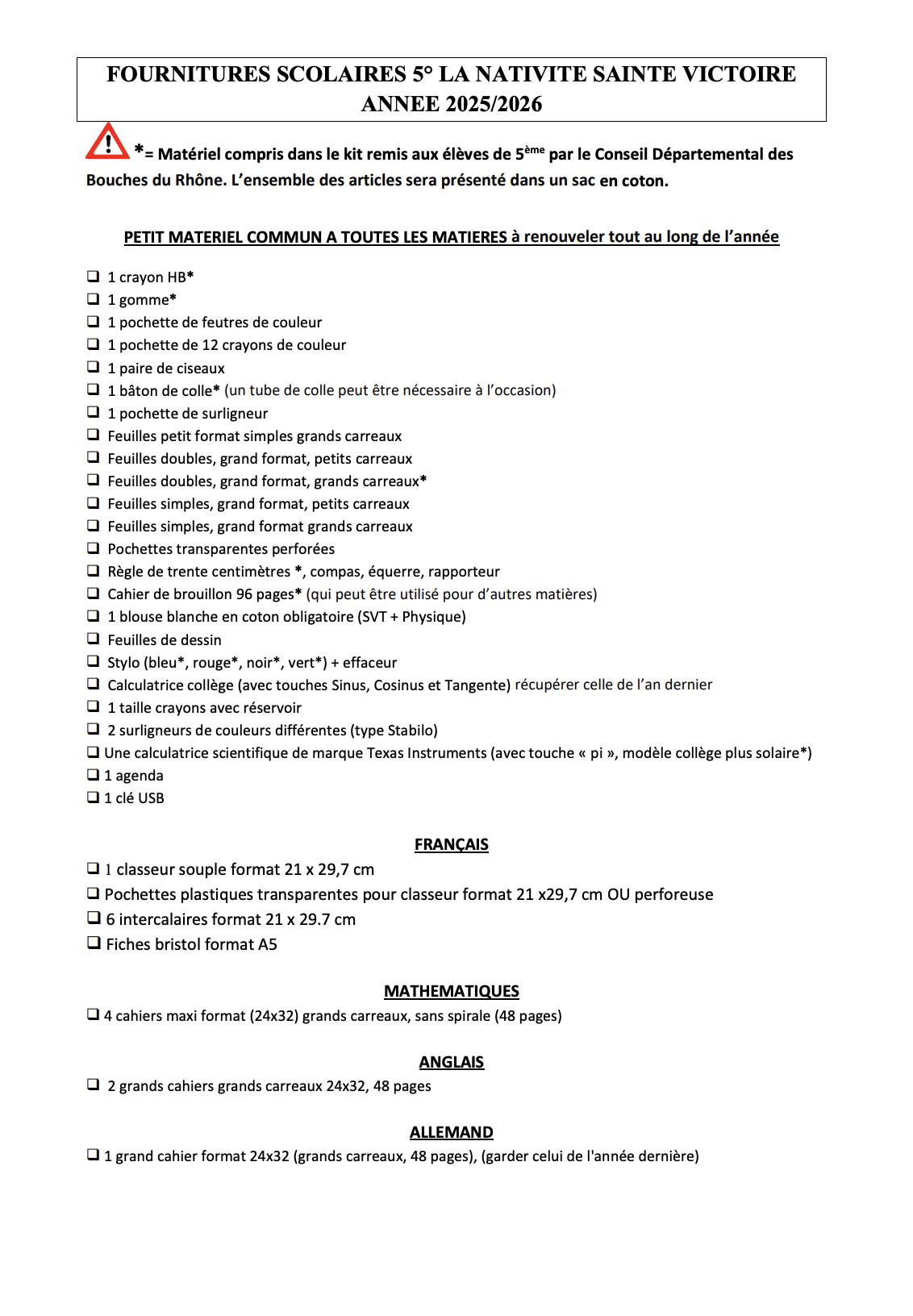 Liste fournitures 5ème La Duranne
