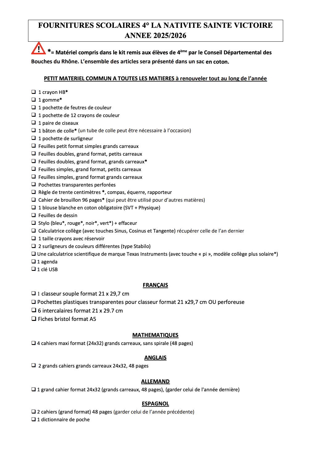 Liste fournitures 4ème La Duranne