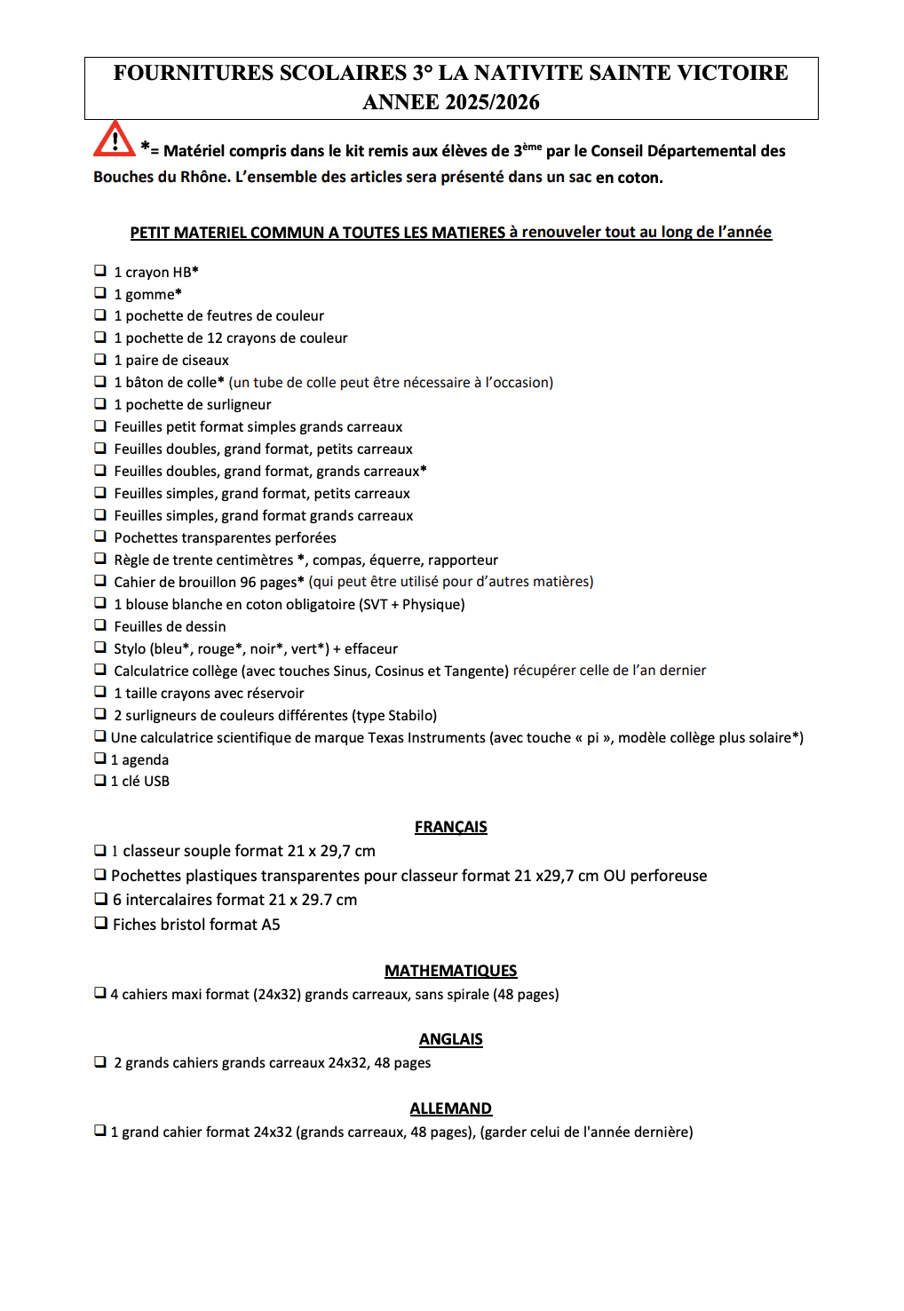 Liste fournitures 3ème La Duranne