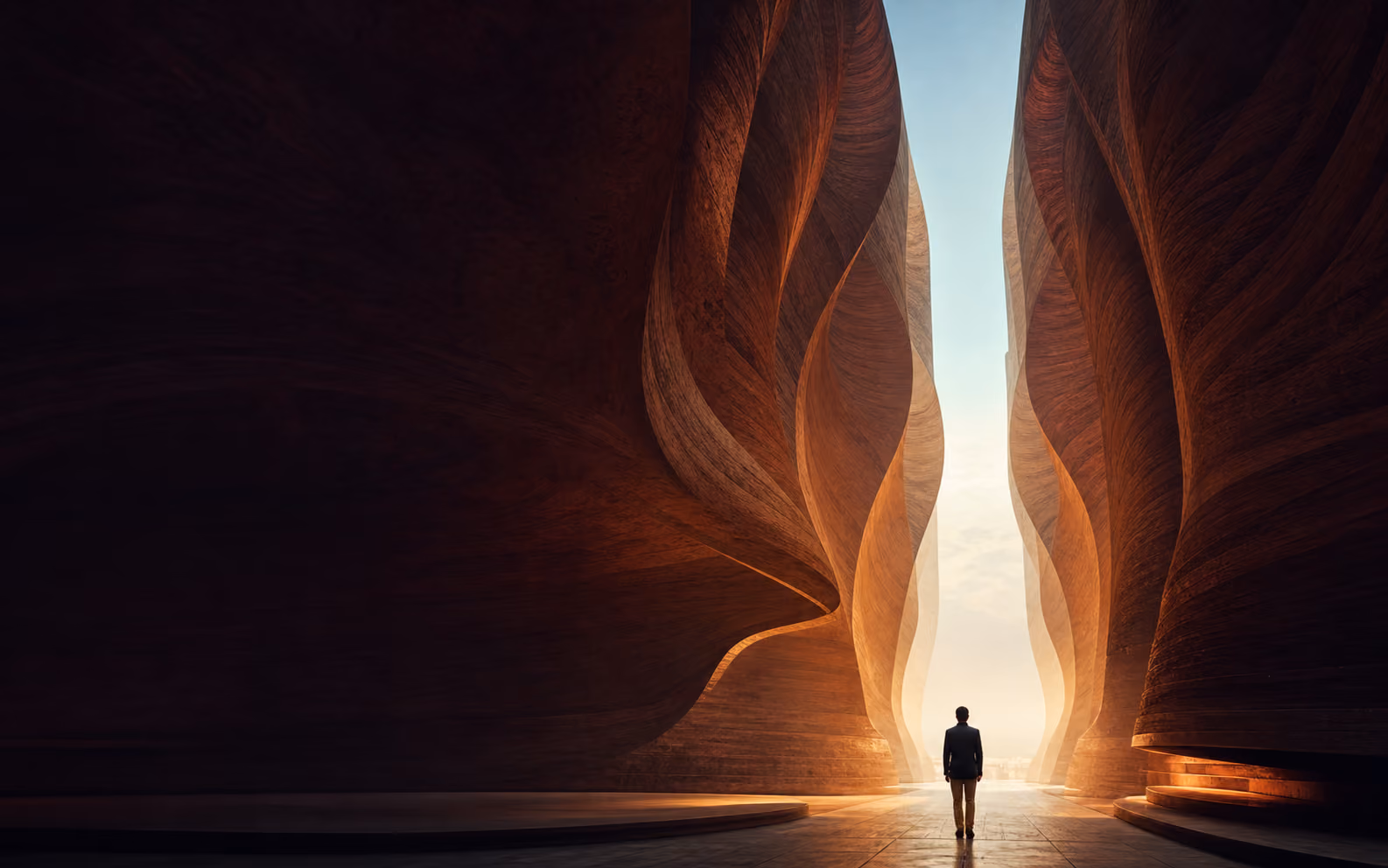 A solitary leader walking through a luminous canyon