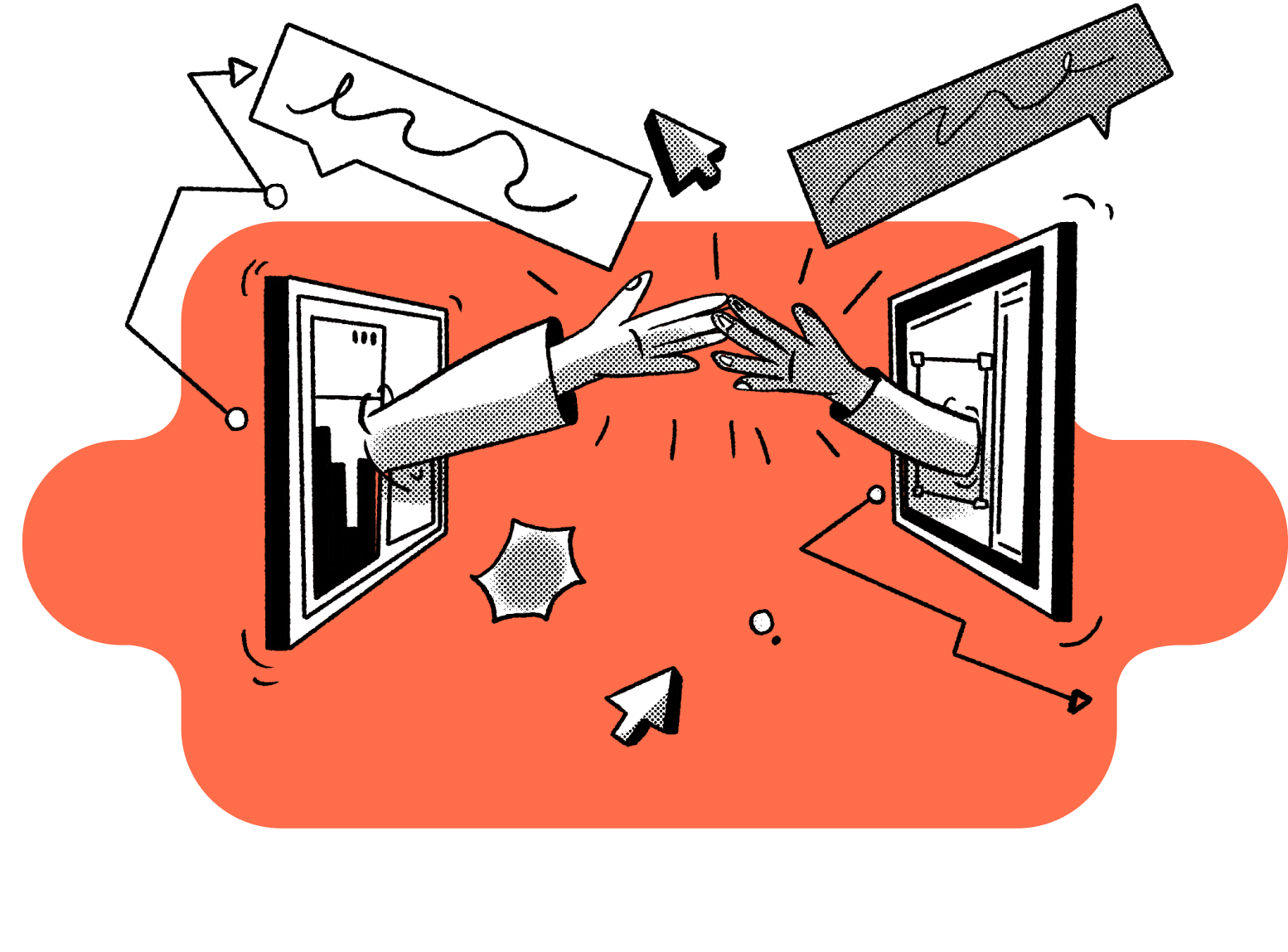 Illustration of 2 hands reaching out from computer screens and connecting with each other