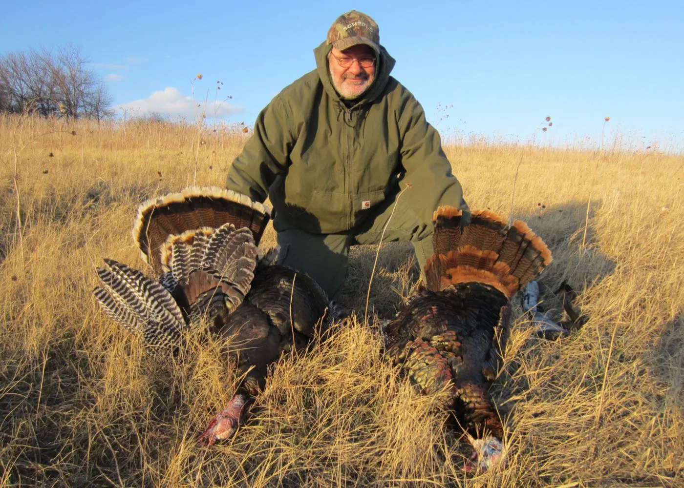 hunter with two turkeys in field