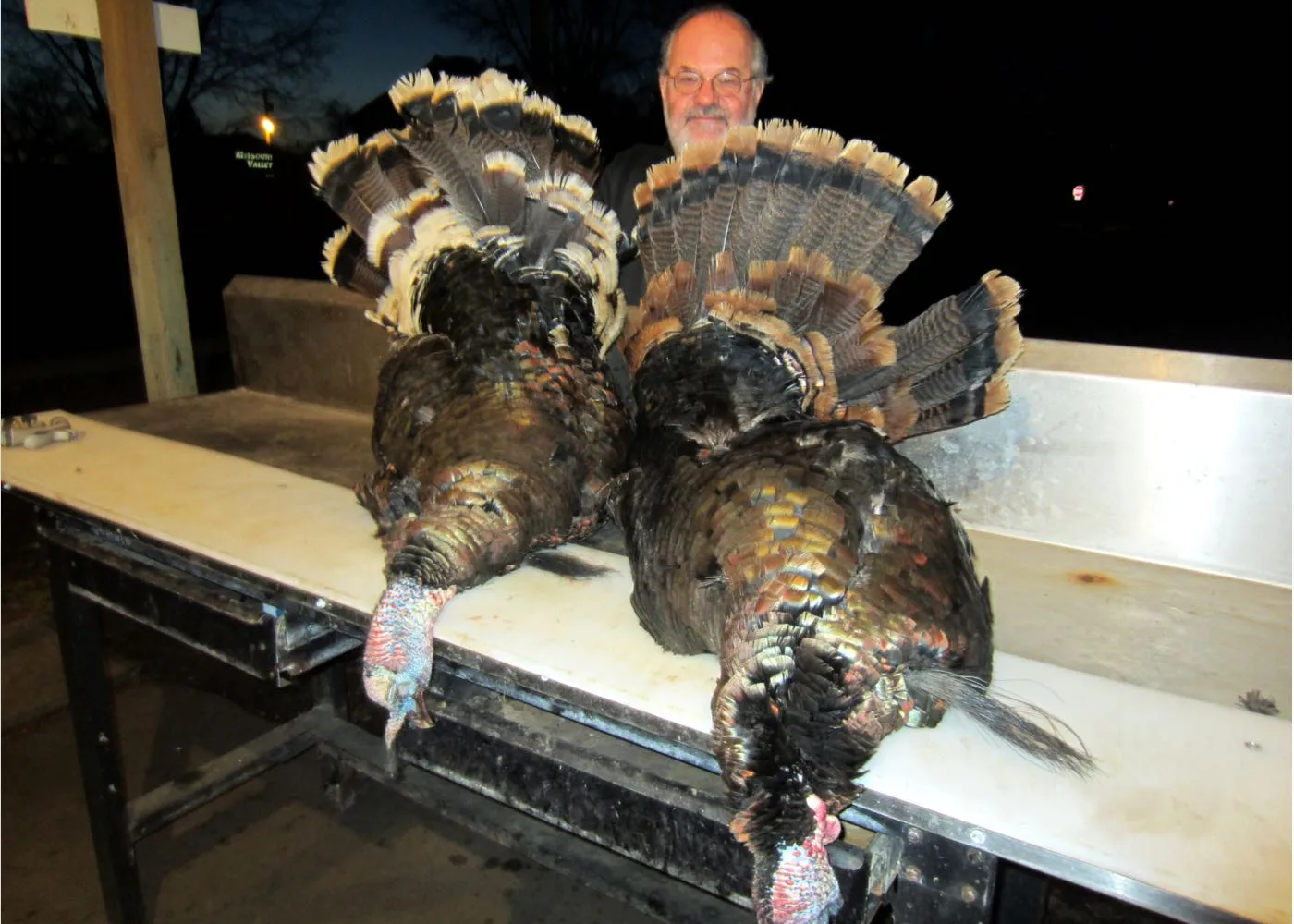 hunter with two turkeys at night