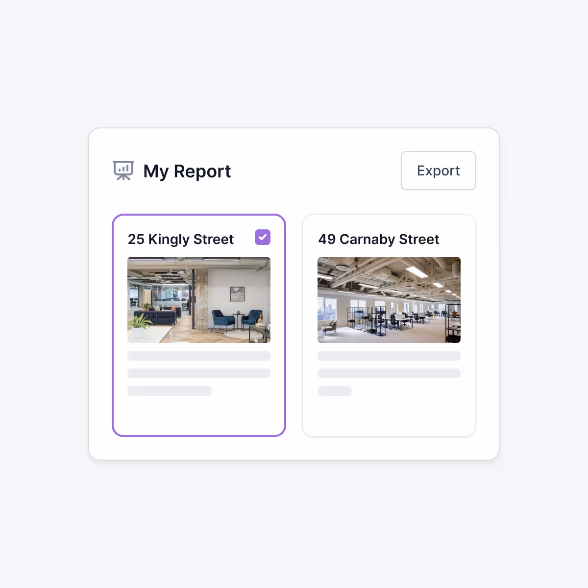 Dashboard interface titled My Report showing two office locations, 25 Kingly Street selected with photo of lounge area and 49 Carnaby Street with photo of open office space, and an Export button at top right.