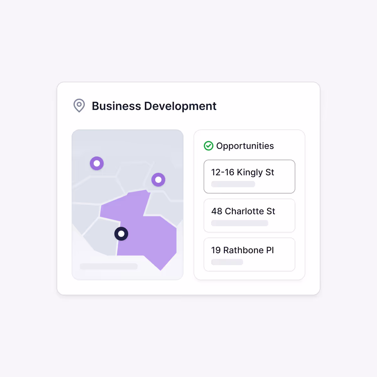 Business Development panel showing a map with highlighted areas and a list of three opportunities: 12-16 Kingly St, 48 Charlotte St, and 19 Rathbone Pl.