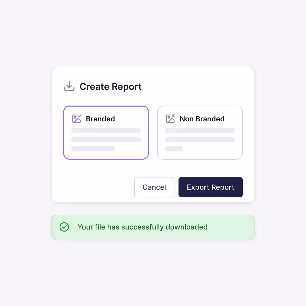 User interface for creating a report with options for Branded or Non Branded, Cancel and Export Report buttons, and a green confirmation message that the file has successfully downloaded.