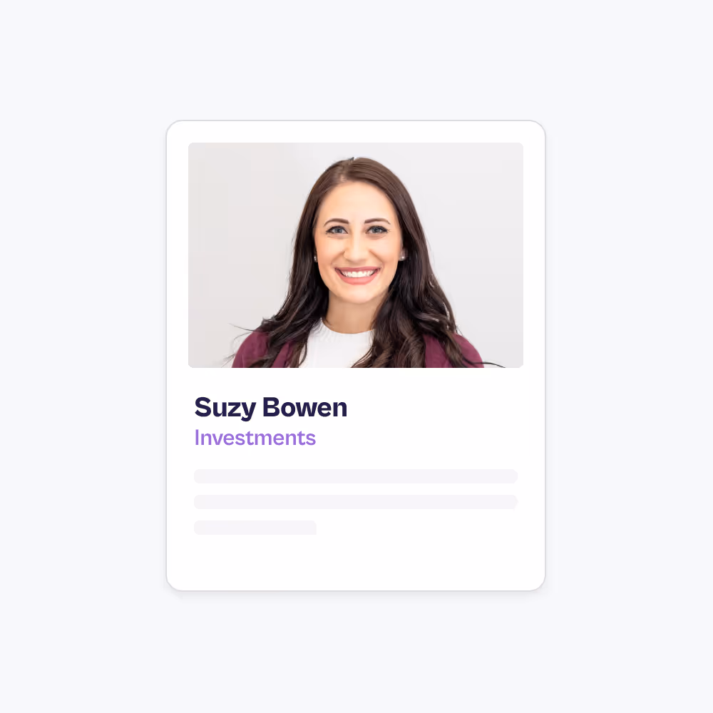 Smiling woman with long dark hair in a white shirt and maroon jacket, labeled Suzy Bowen, Investments.