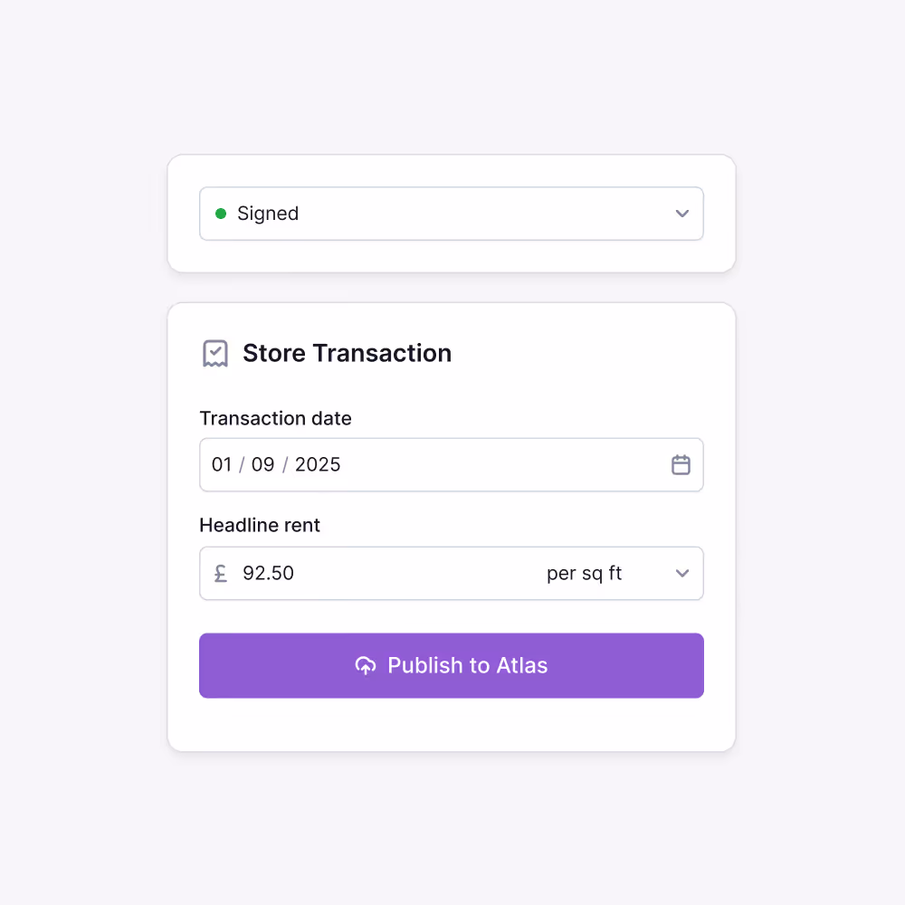 User interface showing transaction status set to Signed, with a form for Store Transaction including transaction date January 9, 2025, headline rent £92.50 per sq ft, and a purple button labeled Publish to Atlas.