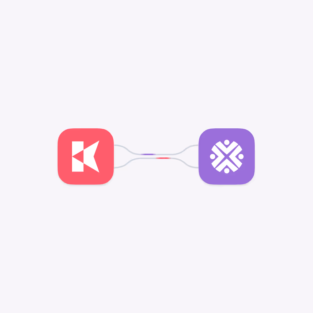 Red square app icon with white geometric shapes connected by a line to a purple square app icon with a white circular pattern.