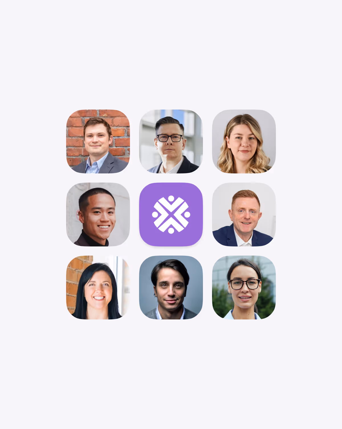 Grid of eight diverse professional headshots surrounding a central purple icon with a white interconnected design.