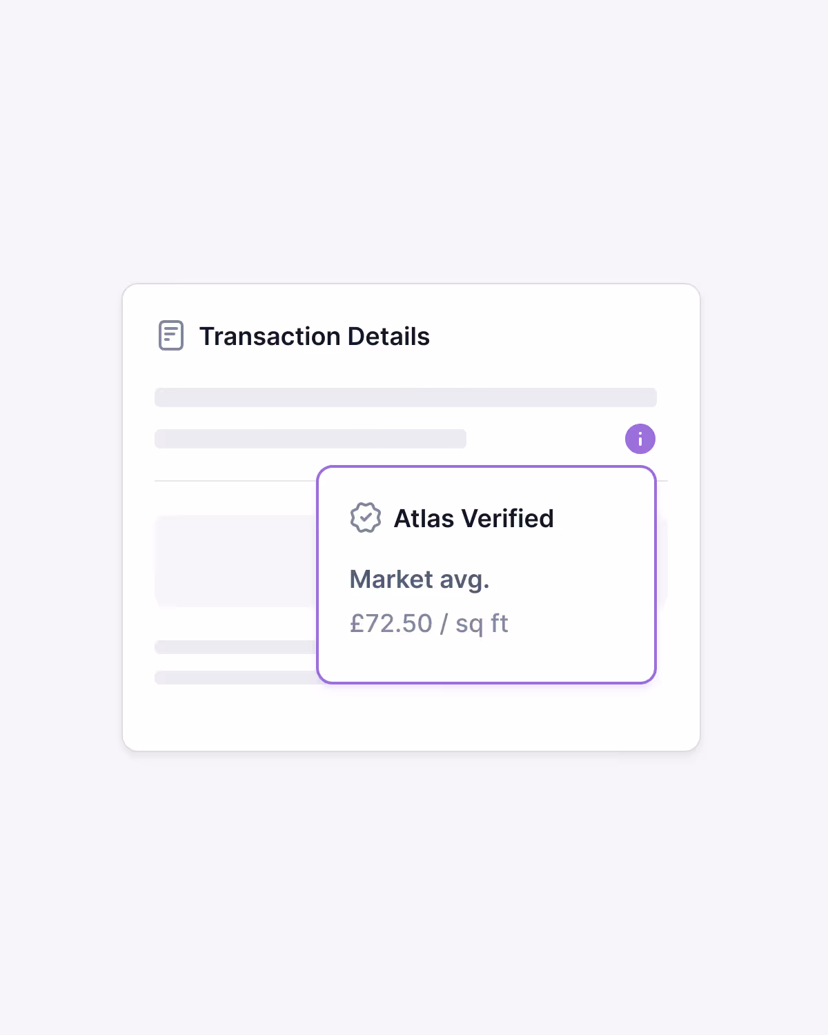 User interface showing transaction status set to Signed, with a form for Store Transaction including transaction date January 9, 2025, headline rent £92.50 per sq ft, and a purple button labeled Publish to Atlas.