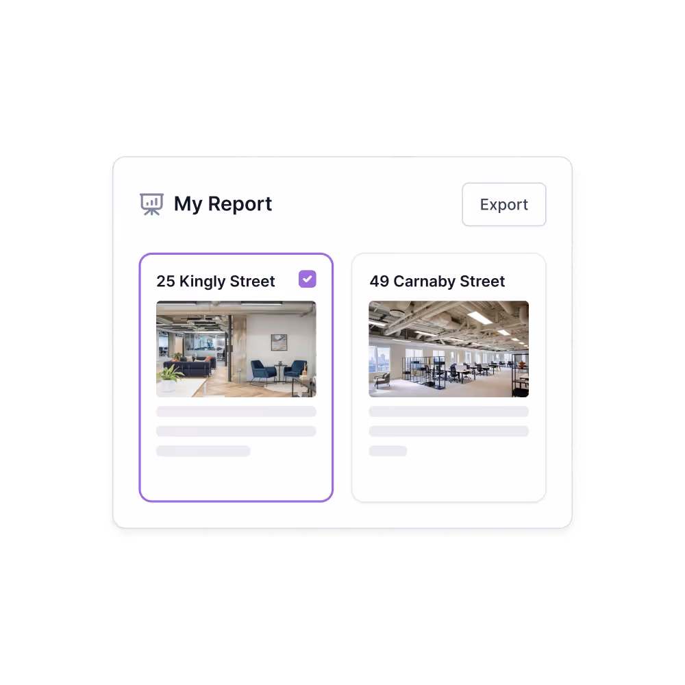Dashboard interface titled My Report showing two office locations, 25 Kingly Street selected with photo of lounge area and 49 Carnaby Street with photo of open office space, and an Export button at top right.