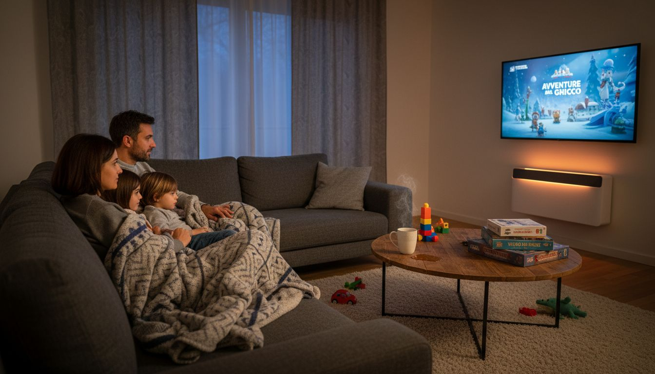 Una famiglia serena si gode il comfort di casa, seduta accanto alla pompa di calore.