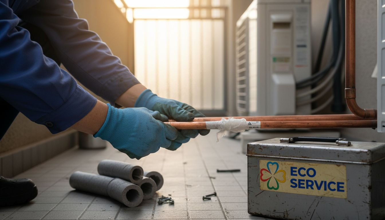 Primo piano delle mani mentre si collegano tubi e condotti per l’aria condizionata