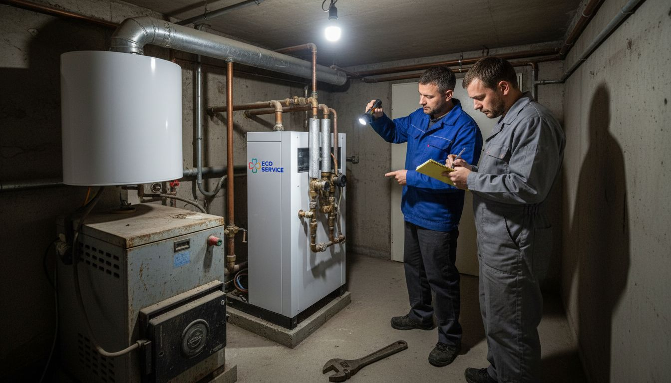I tecnici stanno esaminando la pompa di calore installata all’interno dell’edificio.