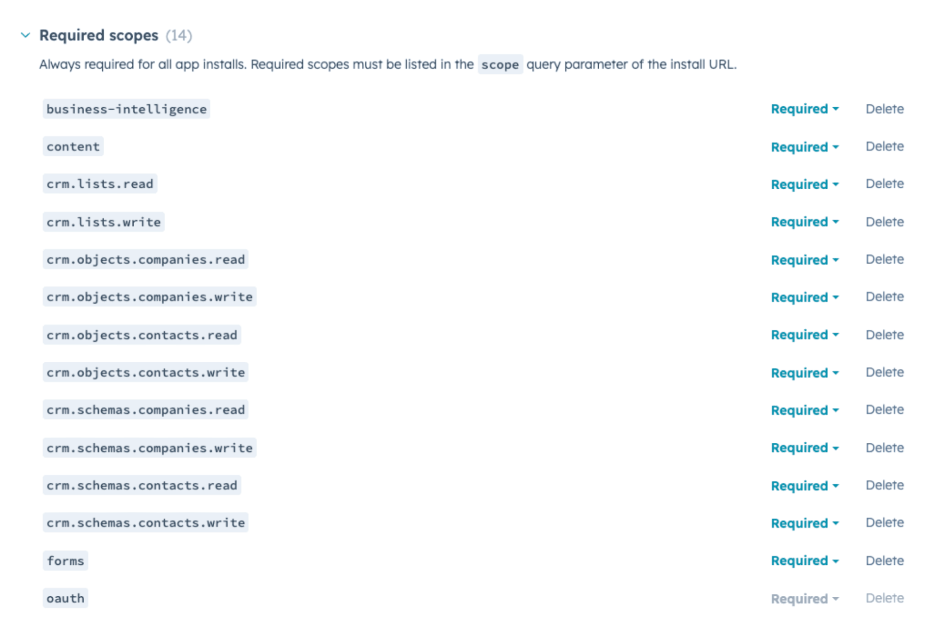 List of 14 required API scopes for app installs including business-intelligence, content, crm lists, objects, schemas, forms, and oauth with required status and delete option.