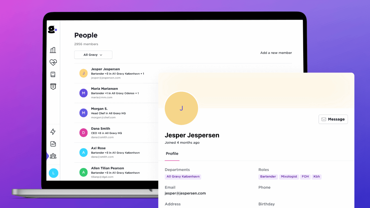 All Gravy employee app showing the complete HRIS experience across three phone screens with profiles, feeds, and learning
