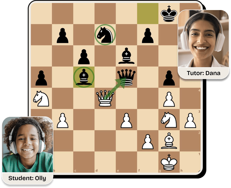 A Chessed.me lesson in progress: a young student playing chess online with their tutor.