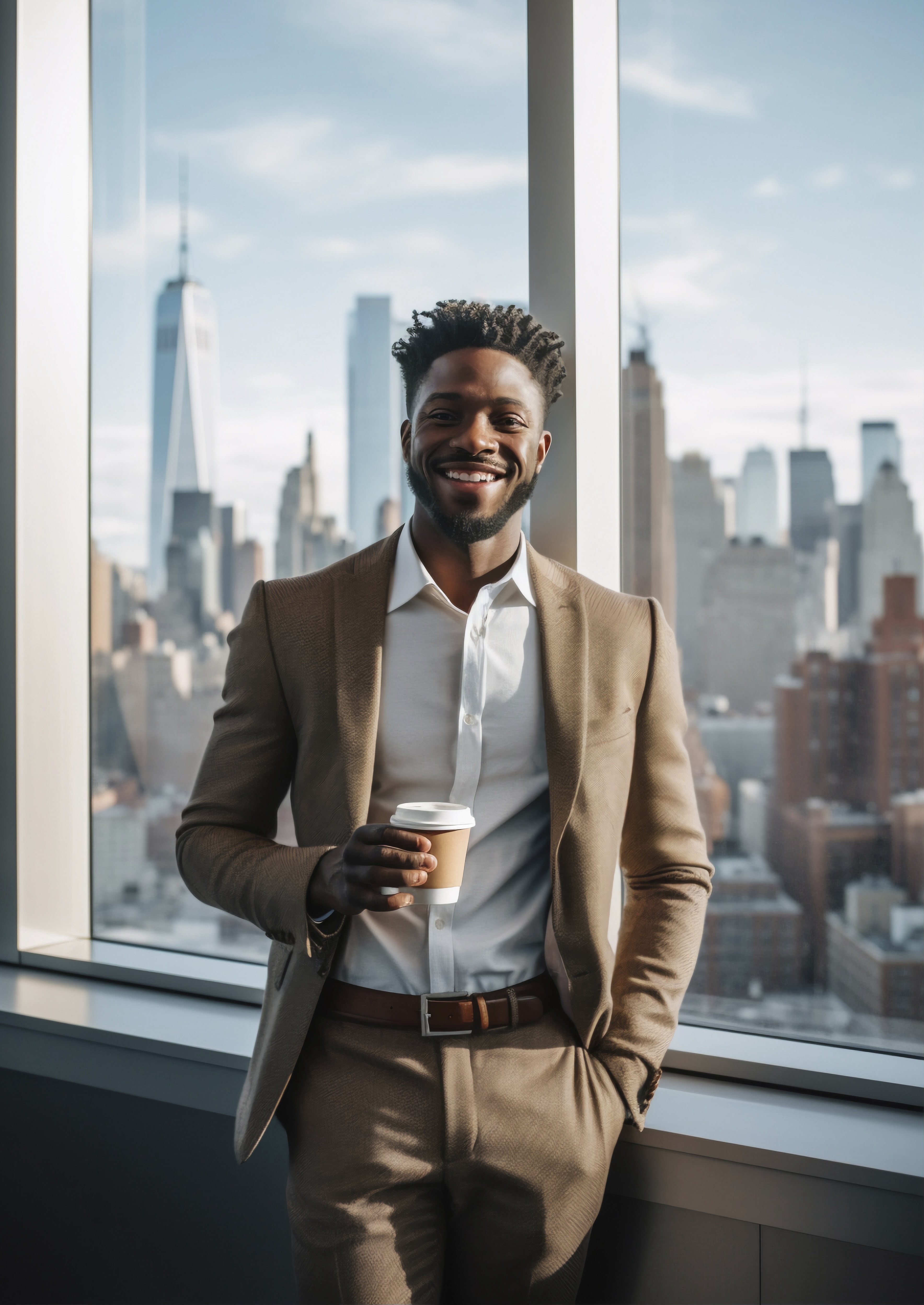 Smiling man in a brown suit holding a coffee cup, standing by a large window with a city skyline in the background.