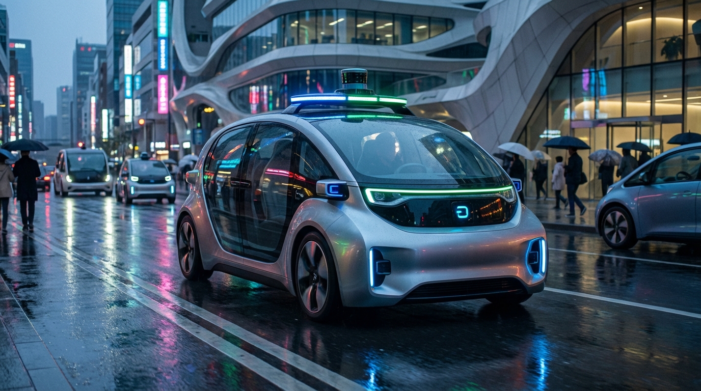 Futuristic robotaxi navigating city streets at dusk