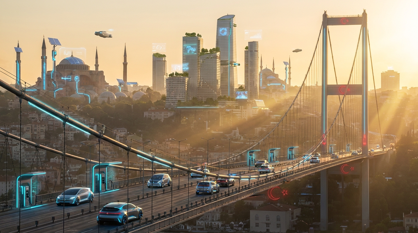 Electric vehicles crossing the Bosphorus Bridge in Istanbul at golden hour