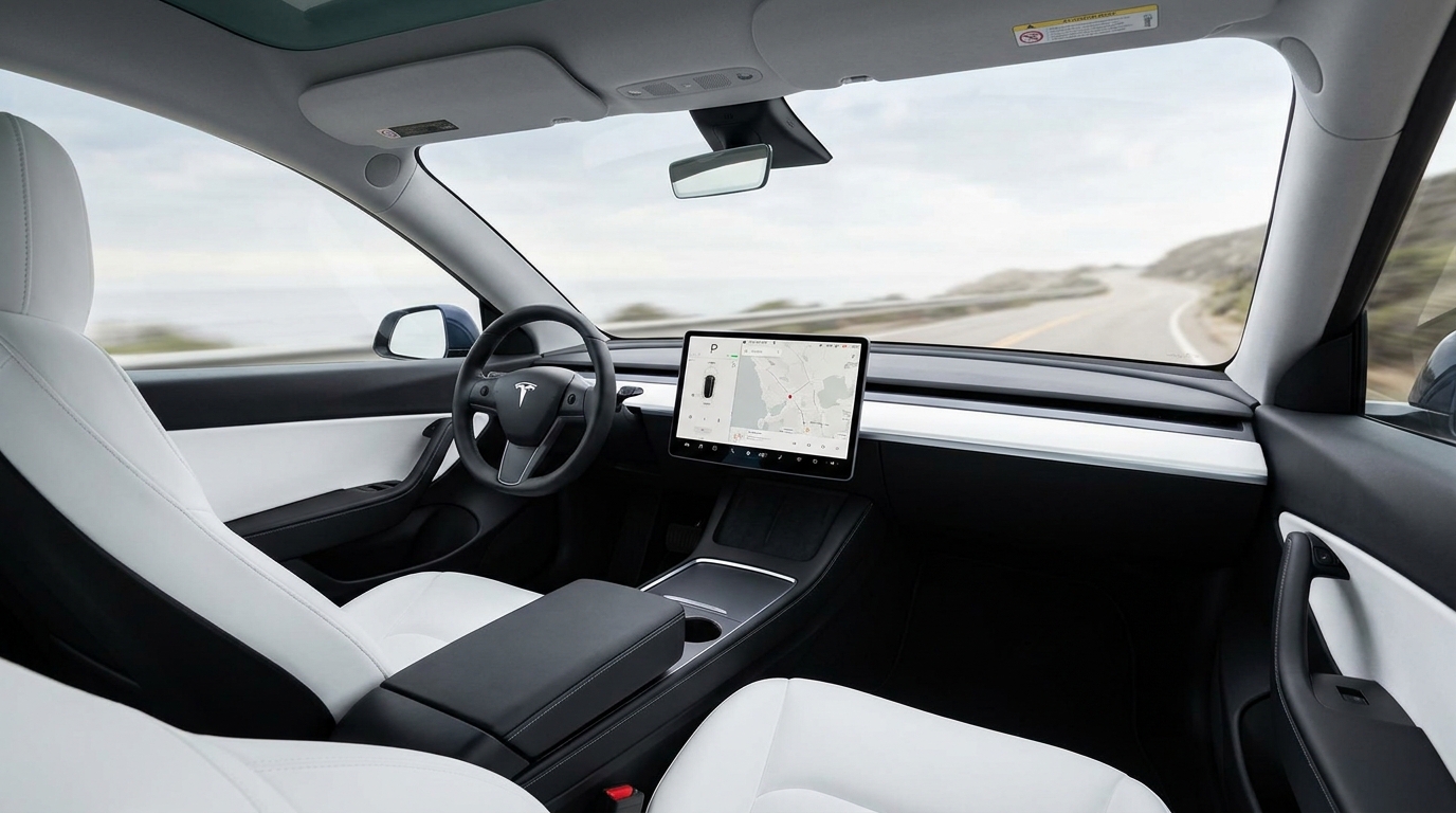 Tesla interior — driver's perspective inside a clean, modern EV